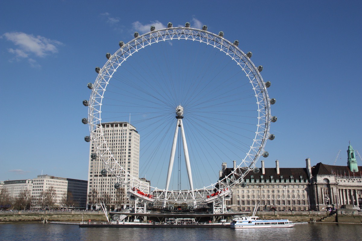 The London Eye, a giant Ferris wheel on the South Bank of the River Thames