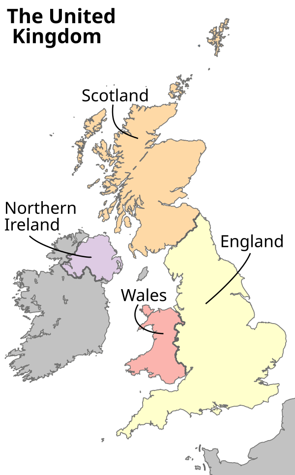 Map of the United Kingdom showing England, Scotland, Wales and Northern Ireland